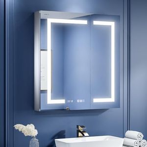ExBrite LED Lighted Bathroom Medicine Cabinet with Mirror, 30 x 32 Inch, Recessed or Surface led Medicine Cabinet, Clock, Room Temp Display,Defog,Stepless Dimming,3-Color Temper Change, Outlets & USBs