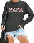 BANGELY Mama Floral Sweatshirt Women Funny Embroidered Retro Mama Letter Pullover Gift For Mom Long Sleeve Shirt, Light Black, X-Large