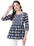 GOD BLESS Blue Colored Cotton Printed Peplum Tops for Women,3/4 Sleeves,Yoke Neck,Lace Details,Peplum Tops