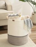 StorageWorks 58L Cotton Rope Laundry Basket with Wooden Beads Handles, Woven Basket for Storage, Dirty Clothes, Kids Toys, Towels, White & Light Brown