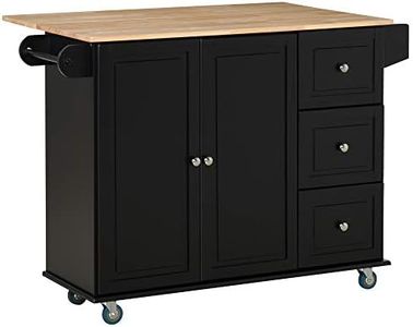 HOMCOM Mobile Kitchen Island with Drop Leaf, Storage Trolley Cart on Wheels, Towel/Spice Rack, 3 Drawers, 2-Door Cabinet, Black