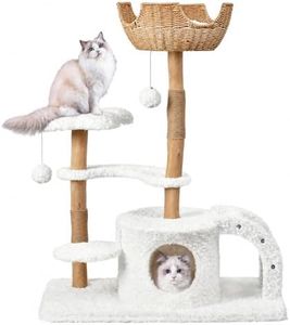 Easyego Modern Cat Tree, 45.6" Aesthetic Wood Cat Tree Tower for Large Cats, Luxury Cat Condo with Scratching Posts and Flower Platforms, Cat Furniture, White