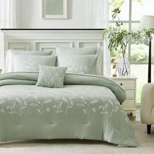 MaiRêve Sage Green Bedding Sets Queen Comforter, Floral Embroidery Queen Bed Set with Comforters, Sheets, Pillowcases & Shams, Bedding Set 8 Pieces