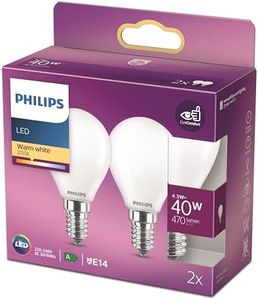 Philips ampoule LED Sphérique E14 40W Blanc Chaud Dépolie, Verre, Lot de 2