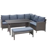 Outsunny 4 Pieces Patio Furniture Set, Outdoor Dinning Set Rattan Wicker Furniture with L shaped Long Sofa, Dining Table and Bench for Backyard Garden Poolside Balcony- Grey