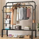 LEOPAX® Premium Double Rods Clothing Garment Rack with 3-Tier Storage Shelf and 4 Side Hooks on Wheels for Livingroom, Bedroom, Hallway - Black - 125 x 45 x 150cm