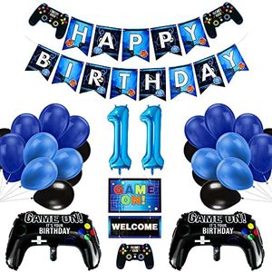 Birthday 11th Boy, Gaming Decoration Balloons, Controller Balloons and Blue/Black Balloons, Happy Birthday Games on Welcome Banner Video Game Party Decoration for Children