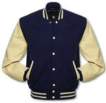 VARSITY JACKET - Classical Original Design – Genuine Wool Body - 100% Real Cowhide Leather Sleeves Letterman Baseball Bomber American USA Vintage Fashion Sports Style Coat (3XL, Navy Blue & Cream)