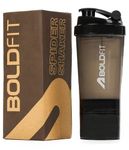 Boldfit Shaker for Gym, Protein Shaker Bottle with 2 Storage Compartment Eco-Friendly Reusable Pre Workout and Supplements Gym Blender High Density Polyethylene - 500ml, Black
