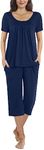 TAOHUADAO Women's Pyjamas Sets Short Sleeve Tops with Capri Pants Sleepwear Soft Comfy Ladies Pjs Lounge Sets, Navy Blue 3XL