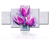 Violet Tulips HD Prints on Canvas Pictures for Living Room Purple Floral Paintings 5 Panel Wall Art Modern Artwork Home Decor Giclee Woodem Framed Ready to Hang(60''Wx32''H)