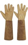 Freichaza Leather Gardening Gloves - Long Forearm Protection Gauntlet for Women/Men - Water Repellent Work Gloves - Rose Pruning Thorn & Cut Proof Gloves Light Brown Large