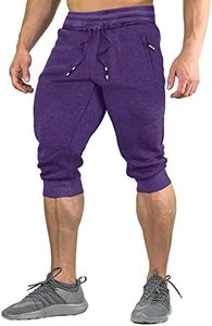 FASKUNOIE Men's Capri Pants Cotton Elastic Summer Bodybuilding Sports Long Shorts Purple