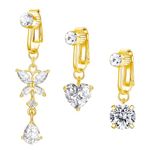 Besyvvin 3pcs Clips on Fake Belly Bars Gold Navel Button Rings Butterfly Heart CZ Dangle Faux Non Piercing Jewellery for Women