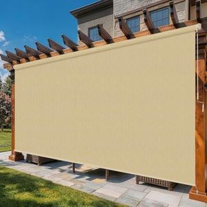 Breezombra 11'W x 8'H Sesame Outdoor Roller Shade with Crank Wand Patio Shades Roll up, UV Blocking & Privacy Protection