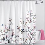 LIVETTY White Bird Extra Long Shower Curtain 200cm × 200cm Drop Floral Butterfly Fabric Bathroom Mould Proof Spring Washable Shower Curtain With 12 Hooks