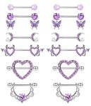 JeryWe 6 Pairs 14G Nipple Bars Nipple Bar for Women Nipple Piercing Jewellery Surgical Steel Nipple Piercing Kit Tongue Bar Set Cute Butterfly Dangly Barbells Heart Flower Moon Body Piercing Barbell