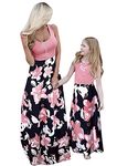 YMING Mother and Girl Sling Sleeveless Stitching Dress Maxi Printed Boho Long Dress Maxi Family Sundress Red Flower 9 Years