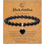 MAIBAOTA Healing Crystal Bracelet for Women, 8 mm Black Obsidian Beaded Bracelet, Black Gemstone Love Heart Charm Bracelet, Stone Jewelry Gifts for Christmas Anniversary Valentine's Day