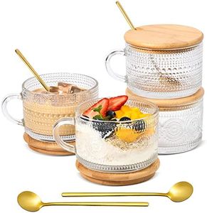 TIMIFTE Vintage Coffee Mugs Set of 4 Embossed Tea Cups, Overnight Oats Containers with Bamboo Lids and Spoons, 14oz Glass Coffee Cups for Cappuccino, Latte, Cereal, Yogurt, Beverage, Gifts, Clear