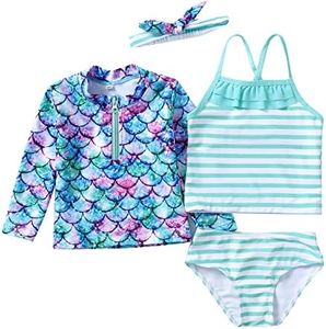 Toddler Girls Rash Guard Tankini Sets Long Sleeve Swimsuits Mermaid Print 5Y