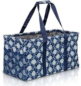 Lucazzi Extra Large Utility Tote Bag - Oversized Collapsible Reusable Wire Frame Rectangular Canvas Basket With Two Exterior Pockets For Beach, Pool, Laundry, Car Trunk, Storage - Navy Sunflower