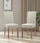 Hallowood Furniture Premium Linen Straight Back Beige Fabric Dining Chairs Set of 2 with Backrest & Solid Wooden Legs, Modern Kitchen Chairs for Dining Room, Home, Restaurant & Café