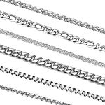 OLARCU 6 Pcs Silver Chains, Stainless Steel Cuban Link/Rope/Box/Figaro/Square Rolo/Wheat Chain Necklace Jewelry Set for Women Men, 20 inches