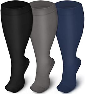 Plus Size Compression Socks for Men and Women-3 pairs Wide Calf 20-30 mmHg Knee High Compression Stockings Support for Circulation，Nurses, Running（Black+Gray+Navy blue,2XL)