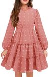 Arshiner Girls Dress Swiss Dot V Neck Long Sleeve Ruffle Tiered Boho Party Casual Formal Party Dress Pink 11-12Y