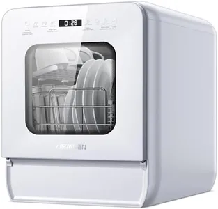 AIRMSEN Portable Countertop Dishwasher with 5L Water Tank, Mini Dishwasher with 14.6” Narrow & 20.1“ Deep Design, 9 Programs, 24H Delay Start & 360° Dual Spray, No Hookup Needed, C01, White