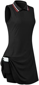 FREEYE Womens Golf Dresses Inner Shorts with Pockets, Sleeveless Polo Tennis Dress Stretch Collared Tank Tops Dresses Workout Casual Zippered Sport Clothes Attire Active-wear Athletic Black Medium