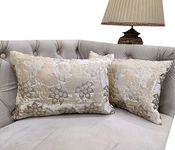 GOODVIBES Ivory Golden Cushion Cover with Leaf Stitched Zippered Velvet Combo Cushion Cover (12x18 inch or 30 x 45 cm) Set of 2