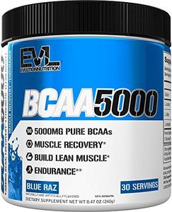 Evlution Nutrition BCAA5000 Powder - EVL BCAA Pre Workout Powder for Sustainable Energy and Mental Focus plus Post Workout Recovery Support (30 Servings) - Blue Raz