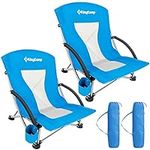KingCamp 2 Pack Portable Lightweight Foldable Compact Low Sitting Beach Chairs for Big Boy Outdoor Sand Picnic Lawn Concert Traveling Festival BBQ, Back, LowBack_Blue_2