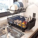 Dish Drying Rack with Drain Board, Trusthere Dish Rack for Kitchen Counter with Utensil Holder, Rustproof Drainboard Set with Cup Holder, Dish Drainer with 360° Swivel Drain Spout (Grey,2 Tier)