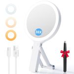 Auxmir Travel Makeup Mirror with Lights, Double Sided 30X/1X Magnifying Mirror, 2000mAh Rechargeable 3 Color Lighting, Dimmable Portable Beauty for Travel, Offices, Bedroom, Handheld Tabletop Hanging