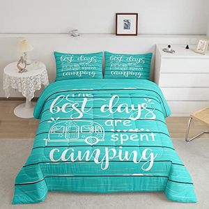 Happy Camping Campers Comforter Set King,Wooden Geometric Stripes Bedding Set,Happy Outdoors Natural Quilt Set 3 Pcs for Kids Teens Adults Room Decor,Rustic Blue Duvet Insert with 2 Pillowcases