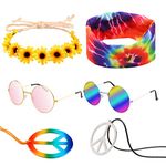 R HORSE 7 Pcs Hippie Costume Set Peace Sign Necklaces Flower Headband Hippie Sunglasses Tie Dye Headband 60s Accessories