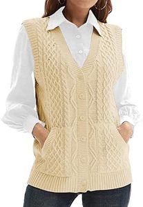 Womens’Knit Sweater Vest V Neck Sleeveless Cardigan Button Down Sweater Pocket Outwear Tops Beige