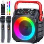 Karaoke Machine with Two Wireless Microphones, Portable Karaoke Machine for Adults & Kids, Portable Bluetooth Speaker with PA System, LED Lights, Supports TF Card/USB, AUX in, FM, USB,TWS (Red)