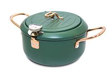 RanRanStore Japanese Tempura deep Fryer Pot with a Thermometer and a lid, 8" Dia, Medium Frying Pot, Fried tempura/chicken/fish/shrimp/meat ball, Geat Frying Pot(Green Black) Perfect for 2-4 family