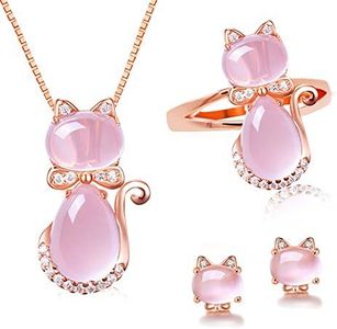 Uloveido Girl's Simulated Oval Cut Pink Opal Cat's Eye Stud Earrings Necklace Ring Rose Gold Plated Cute Cat Animal Jewelry Set (Size 6) Y427