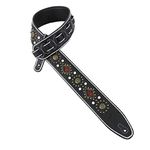 Walker And Williams GTR-20-WHT Sedona Special Premium Black Padded Guitar Strap With White Stitching Brass Studs & Rivets For Acoustic, Electric, And Bass Guitars