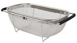 AJIODA Stainless Steel Over The Sink Oval Colander with Expandable Rubber Grip Handles Strainers, Fine Mesh Strainer Basket Kitchen 4 Quart Colander for Strain, Drain, Rinse Fruits, Vegetables, Black