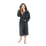 MONHOUSE Womens Dressing Gown - Premium Super Soft & Cosy Long Bathrobe - Ladies Thick Flannel Luxury Housecoat - Warm Fluffy Shearling Spa Robe for Her - Sherpa Bathrobe - Black UK 16-18