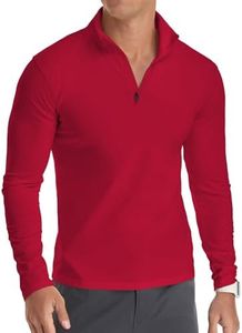 YTD Men's Classic Zip Up Long Sleeve Polo Shirts Casual Slim Fit Tops Basic Designed Cotton Shirts XL Red