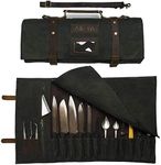 Waxed Canvas Knife Roll - 15 Knife Slots, Card Holder and Large Zippered Pocket - Genuine Leather, Cloth and Brass Buckles - for Chefs and Culinary Students - Knives Not Included