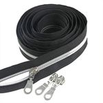 Leekayer Black Nylon Zipper #5 Silver Nylon Coil Zippers by The Yard 10 Yards Black Tape with 25pcs Silver Sliders for DIY Sewing Tailor Craft Bag