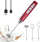 YUSWKO Red Milk Frother Handheld with 3 Heads, Coffee Whisk Foam Mixer with USB Rechargeable 3 Speeds, Electric Mini Hand Hand Frother for Latte, Cappuccino, Hot Chocolate, Egg